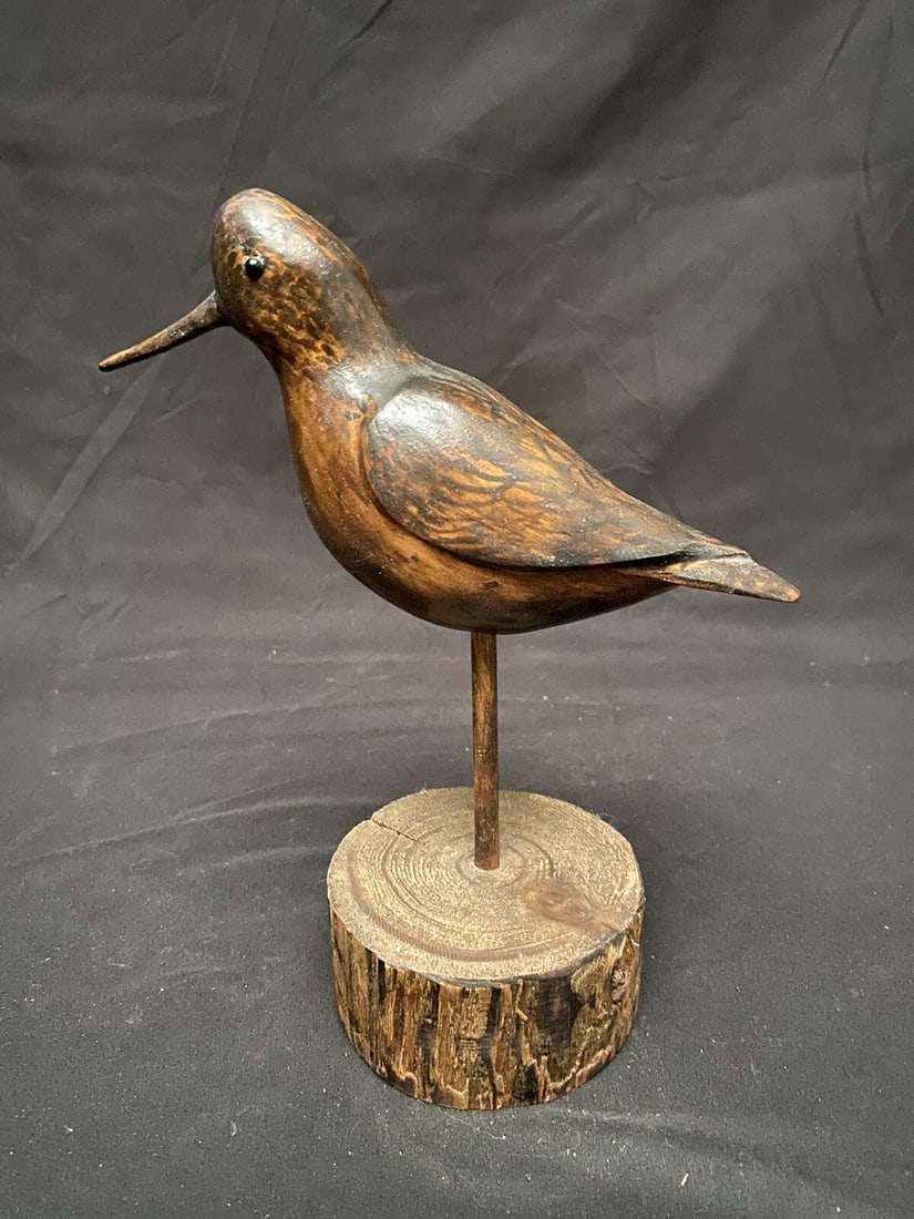 Carved Wooden Shorebird Decoy with Glass Eyes Raised Wings: Carved Wooden Shorebird Decoy with Glass Eyes Raised Wings Antique carved wooden shorebird decoy with raised wings and glass eyes. This hand-carved and painted piece is from the Clark, Southard era an