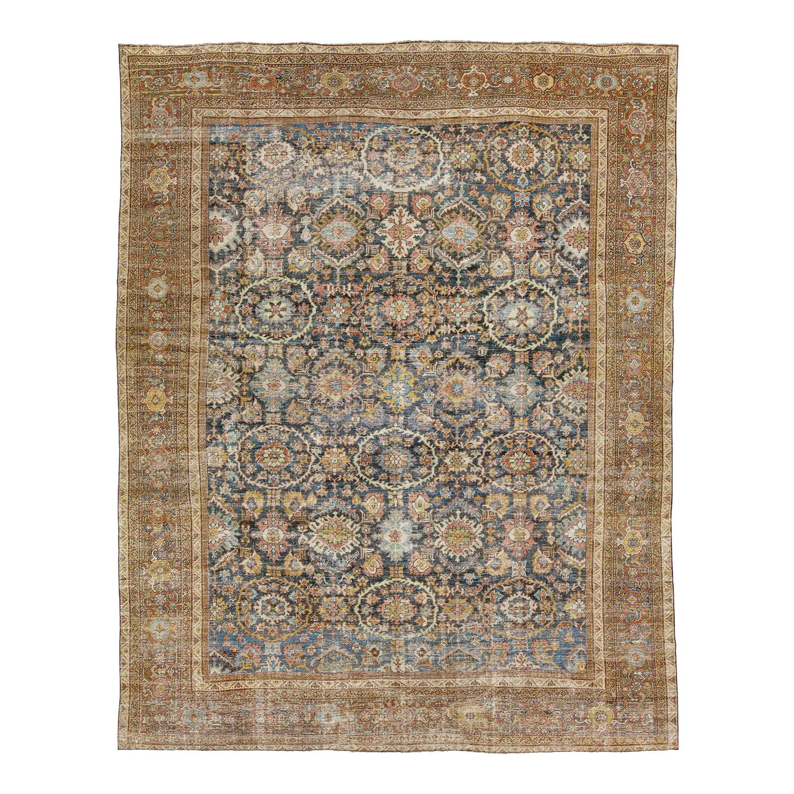Handmade Persian Mahal Wool Rug Blue Floral Design 10'5 x 13'4: Handmade Persian Mahal Wool Rug Blue Floral Design 10'5 x 13'4 Experience the elegance of this Antique Floral Designed Persian Mahal Wool Rug, meticulously hand-knotted to feature a rich blue field ad
