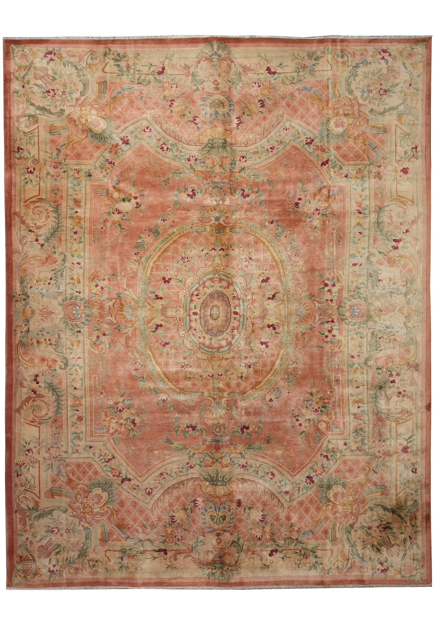 9 x 11 Salmon Aubusson Handmade Wool Floral Area Rug: 9 x 11 Salmon Aubusson Handmade Wool Floral Area Rug Free continental US Shipping Handmade Aubusson area rug with a floral medallion design in salmon, orange, and ivory tones. Crafted from 100% wool, 