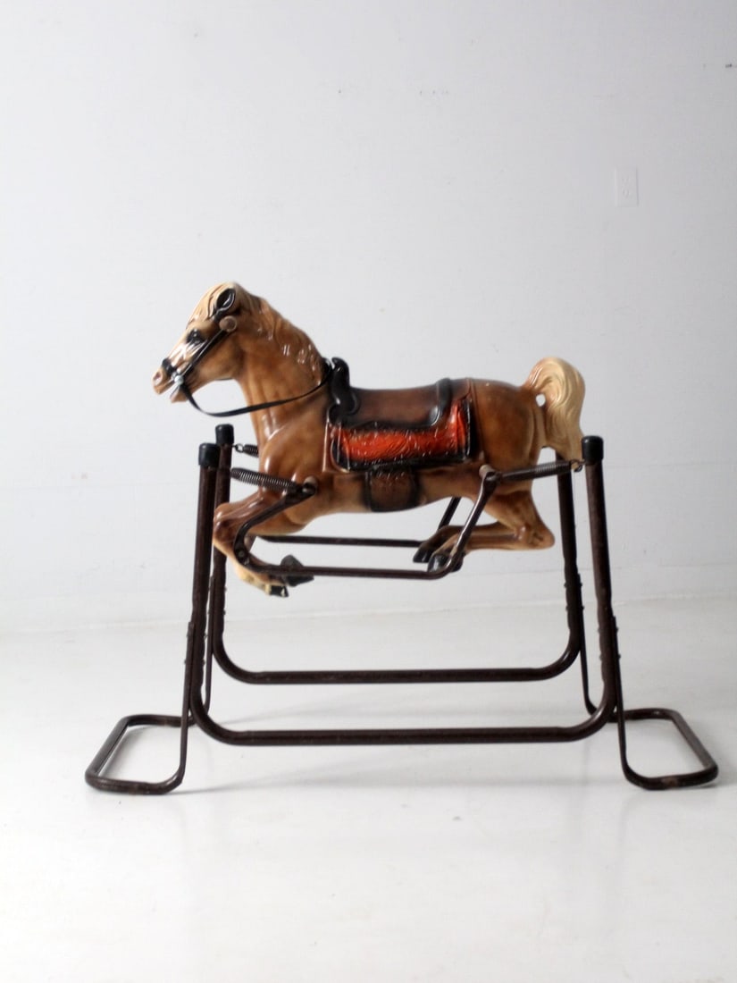 Vintage 1970s Wonder Horse Spring Rocking Horse Palomino Decor: Vintage 1970s Wonder Horse Spring Rocking Horse Palomino Decor Discover a vintage Wonder Horse spring rocking horse from the 1970s, styled to resemble a Palomino. This charming decorative piece featur