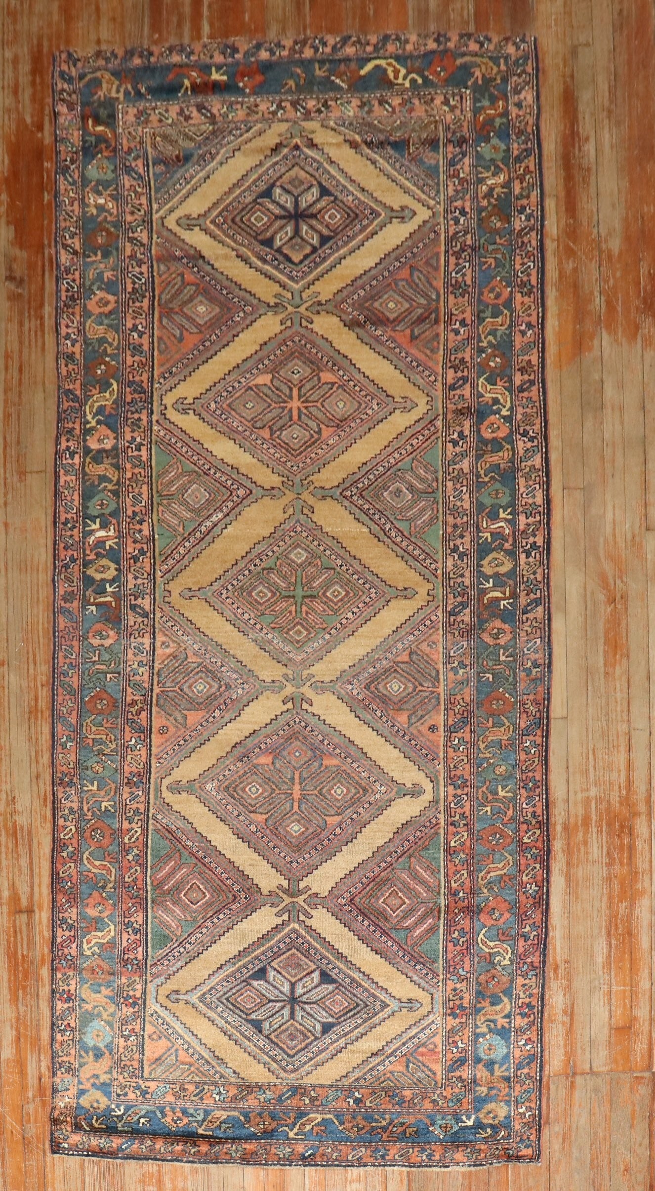 4' 8" x 10' 10" Geometric Persian Serab Gallery Runner: 4' 8" x 10' 10" Geometric Persian Serab Gallery Runner Vintage Persian Hamedan Serab wide runner from the 1930s featuring a geometric design. This pre-owned rug is identified as a Serab and falls with