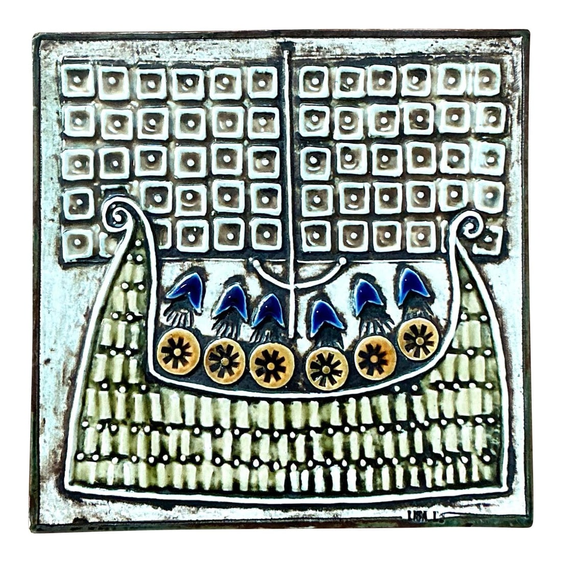 Set of 4 Mid Century Studio Pottery Art Tiles With Viking Ship Motif: Set of 4 Mid Century Studio Pottery Art Tiles With Viking Ship Motif This set includes four vintage ceramic art tiles, each handcrafted in a textural high-relief studio pottery style inspired by Scand