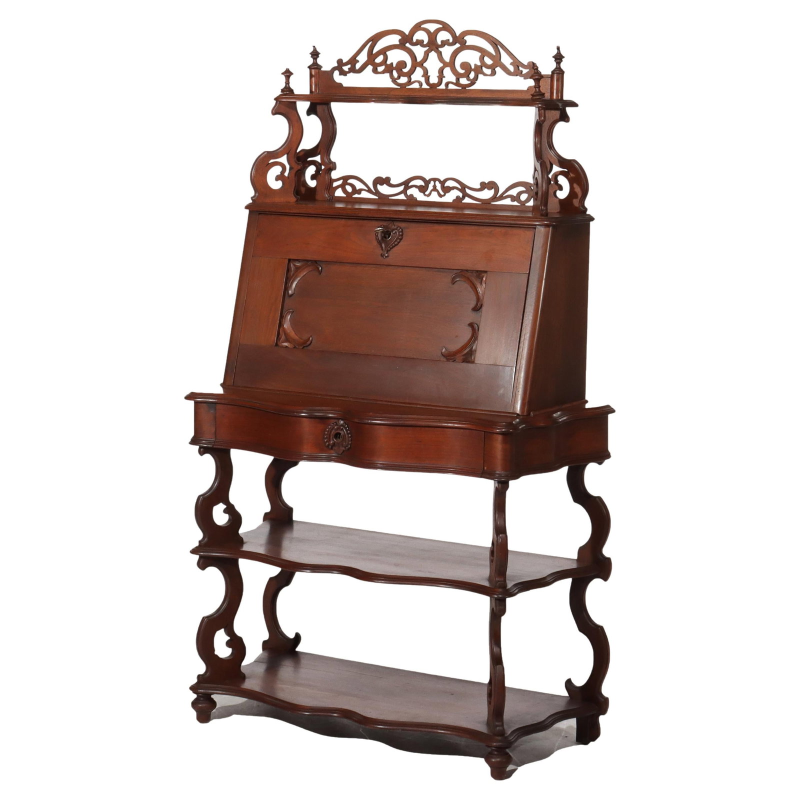 Victorian Rococo Walnut Drop Front Lady's Desk Circa 1880: Victorian Rococo Walnut Drop Front Lady's Desk Circa 1880 This exquisite Antique Victorian Rococo lady's desk, dating back to approximately 1880, features a remarkable design that epitomizes the elega