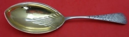 Gorham Clematis Sterling Silver Gold Washed Berry Serving Spoon Monogrammed: Gorham Clematis Sterling Silver Gold Washed Berry Serving Spoon Monogrammed This exquisite serving spoon is a stunning example of the Clematis pattern by Gorham, crafted from sterling silver and gold 