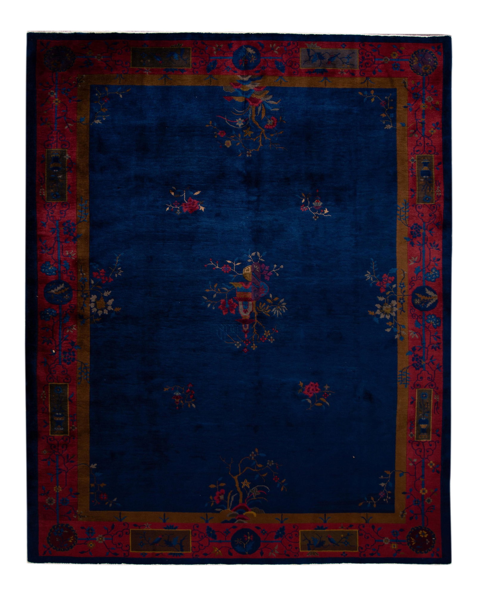 Vintage Chinese Art Deco Wool Rug 9' x 11'3" Floral Design: Vintage Chinese Art Deco Wool Rug 9' x 11'3" Floral Design This stunning vintage Chinese Art Deco wool rug showcases a rich navy blue field adorned with a vibrant red border, complemented by multicolo