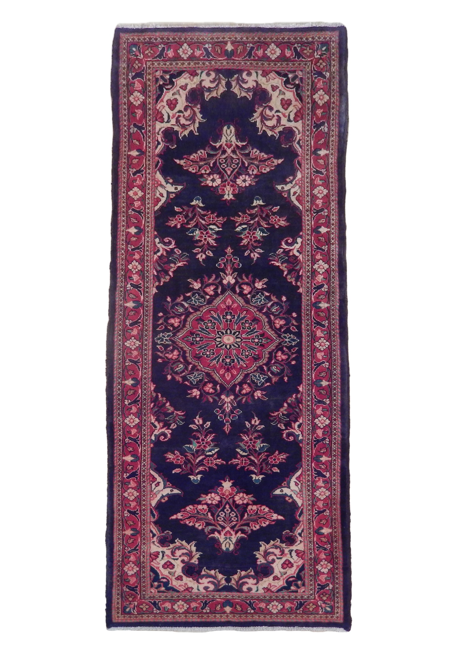 3' 10" x 10' 4" Navy Blue Semi-Antique Persian Sarouk Runner: 3' 10" x 10' 4" Navy Blue Semi-Antique Persian Sarouk Runner Free continental US Shipping Elevate your home with the timeless charm of this Navy Blue Semi-Antique Persian Sarouk Runner. Handcrafted by