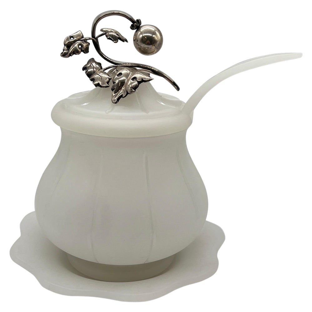 Antique Opaline Glass Sauce Tureen with Sterling Silver Finial: Antique Opaline Glass Sauce Tureen with Sterling Silver Finial This exquisite antique sauce tureen is crafted from opaline glass featuring a frosted finish, complemented by sterling silver accents. Th