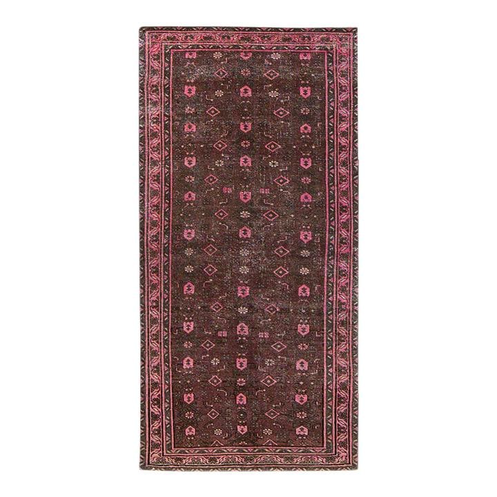 Vintage Shabby Chic Hand-Knotted Wool Rug 3'2 x 6'6 Brown: Vintage Shabby Chic Hand-Knotted Wool Rug 3'2 x 6'6 Brown Enhance your space with this beautiful Vintage Shabby Chic hand-knotted wool rug, featuring a rich brown field adorned with pink accents in a 