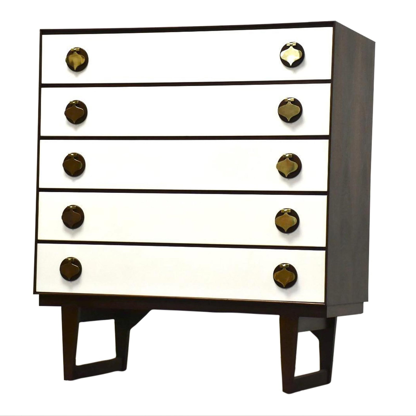 Mid Century Modern Walnut and White Dresser by Stanley: Mid Century Modern Walnut and White Dresser by Stanley This stunning mid-century modern dresser features a walnut case complemented by sleek white drawers. The elegant sled base design enhances its co