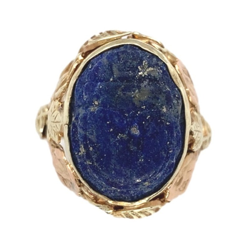 Arts and Crafts 14k Yellow Gold Lapis Scarab Ring (1 of 12)