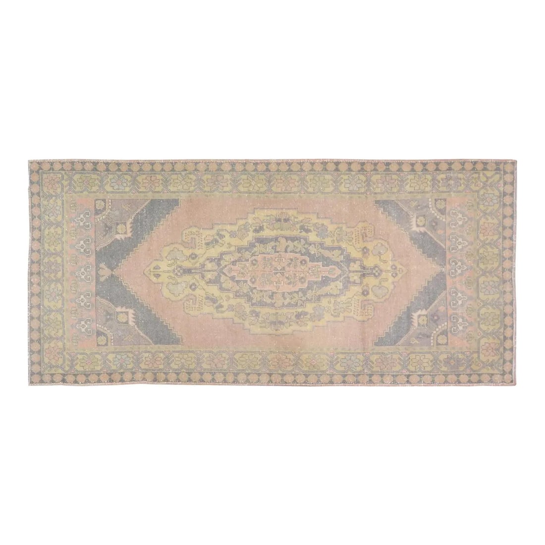 Turkish Anatolian Wool Hand Knotted Rug in Light Pink 4'2" x 9': Turkish Anatolian Wool Hand Knotted Rug in Light Pink 4'2" x 9' This vintage Turkish Anatolian hand-knotted rug features natural colors and a soft texture, blending traditional craftsmanship with a co