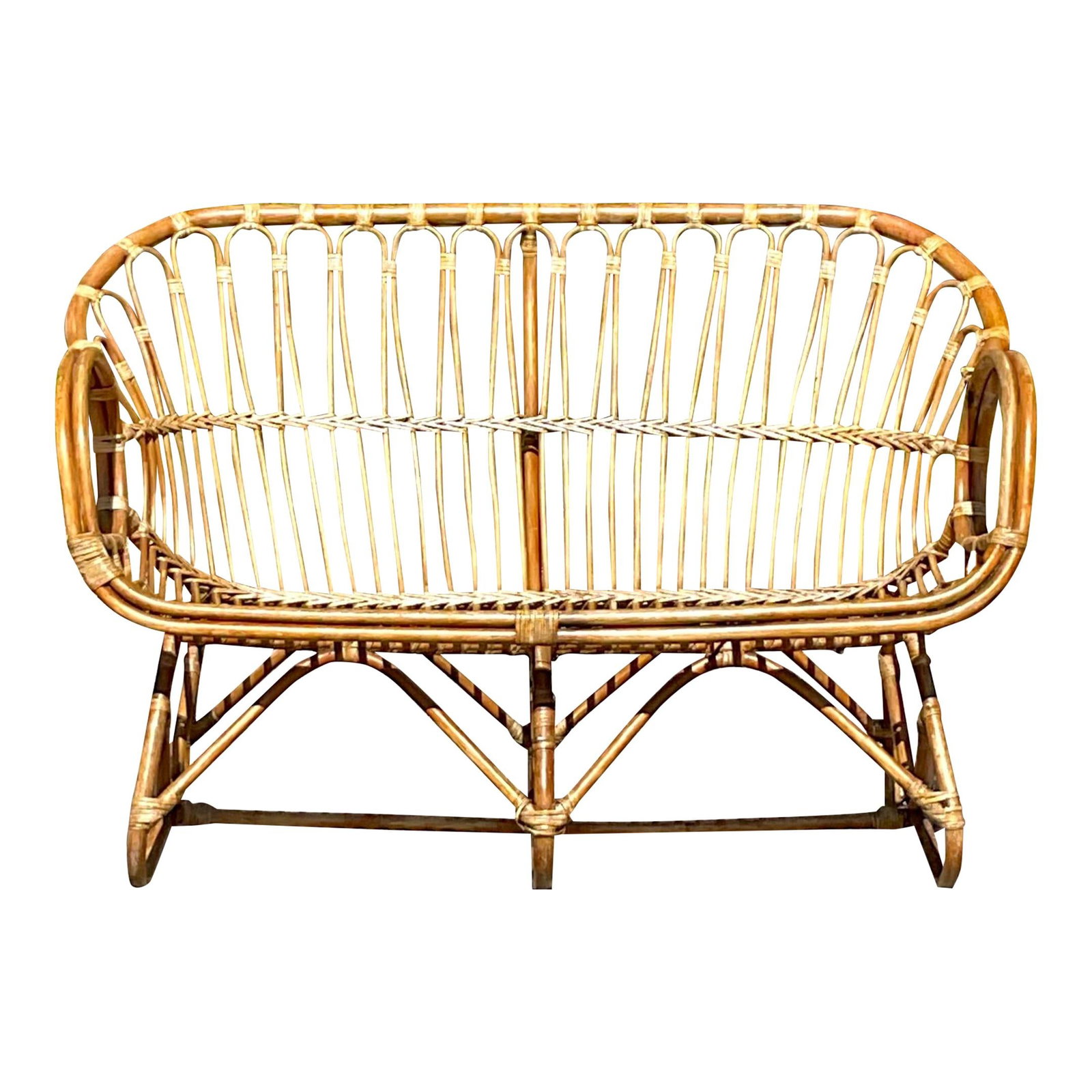 Charming Vintage Coastal Rattan Loop Loveseat in Chocolate: Charming Vintage Coastal Rattan Loop Loveseat in Chocolate Enhance your living space with the Vintage Coastal Stick Rattan Loop Loveseat, designed to bring a touch of seaside elegance. This charming l