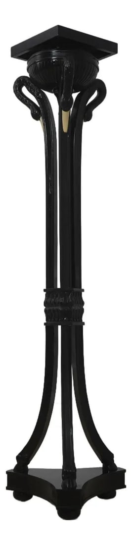 Black Lacquer Pedestal with Swan Motif in Art Deco Style: Black Lacquer Pedestal with Swan Motif in Art Deco Style This Art Deco pedestal features intricately carved swan motifs and a sleek black lacquer finish, showcasing quality craftsmanship. The piece is