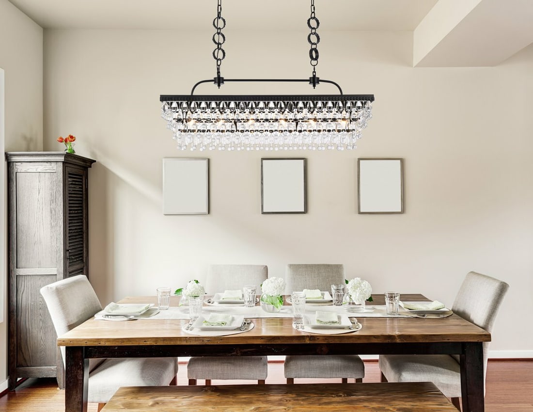 Nordic 6-Light Crystal and Metal Chandelier for Dining or Kitchen Island 40 Inch: Nordic 6-Light Crystal and Metal Chandelier for Dining or Kitchen Island 40 Inch This large crystal chandelier features a modern black frame and six lights, making it an elegant centerpiece for dining
