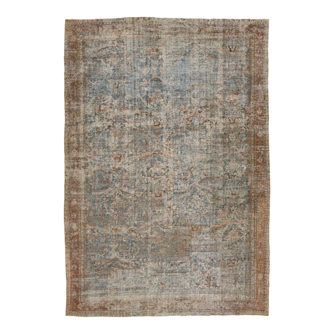 13'5 x 19'6 Antique Persian Mahal Wool Carpet in Subtle Blue Tones: 13'5 x 19'6 Antique Persian Mahal Wool Carpet in Subtle Blue Tones This antique Persian Mahal wool rug features an allover floral and geometric design in muted blue, brown, and beige tones. With its a
