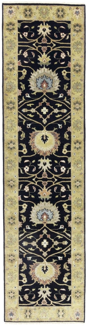 2'7 X 9'11 Hand Knotted Wool Peshawar Floral Runner Rug: 2'7 X 9'11 Hand Knotted Wool Peshawar Floral Runner Rug Handmade floral Peshawar oriental runner rug with a hand-knotted wool construction. This rectangular runner features a black, gold, cream, rusty