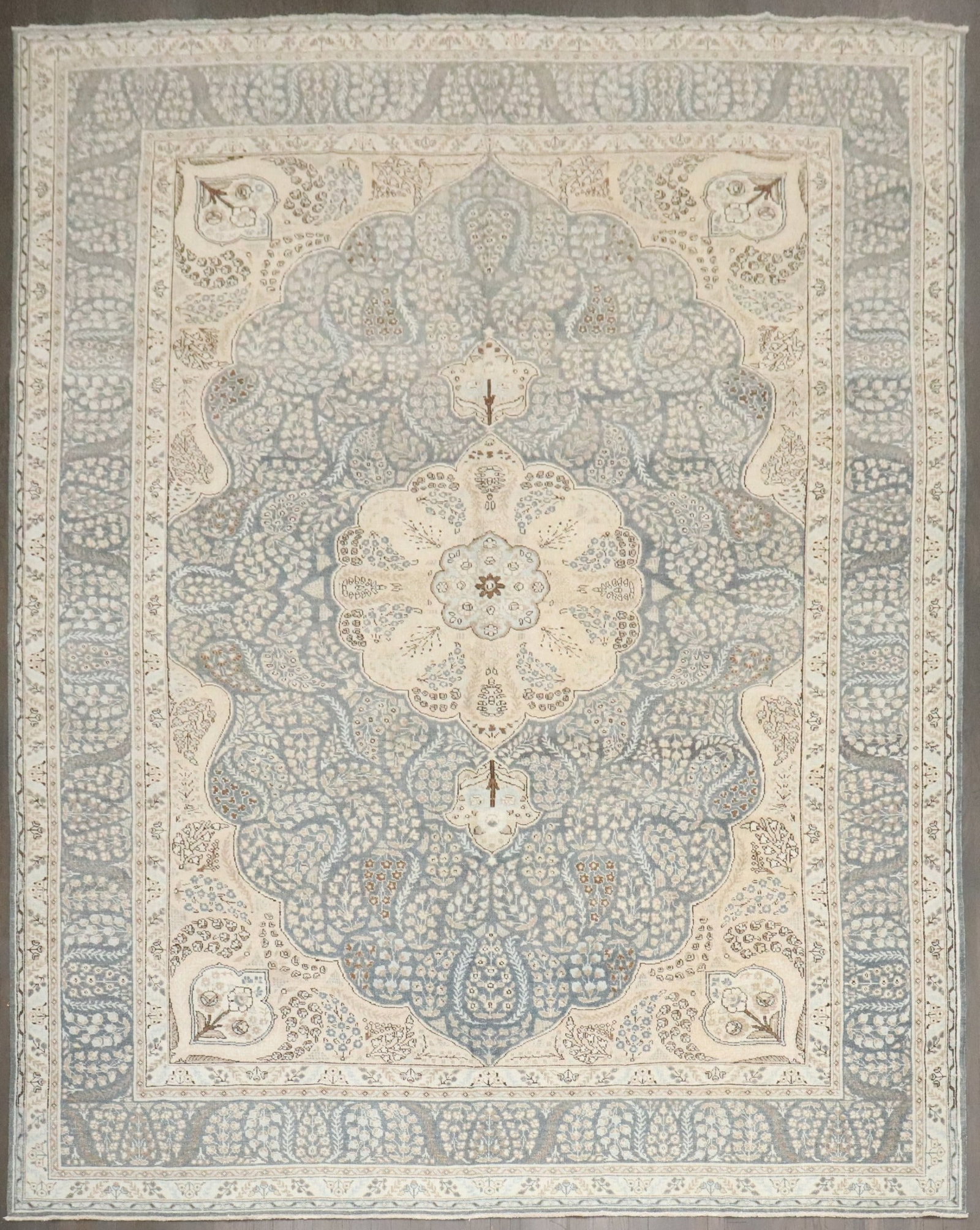 9' 5" x 12' 3" Persian Tabriz room size rug in blue and cream: 9' 5" x 12' 3" Persian Tabriz room size rug in blue and cream Mid 20th century Persian Tabriz room size carpet in blue and cream tones with a medallion design. Pre-owned. Specifications Type: Tabriz C
