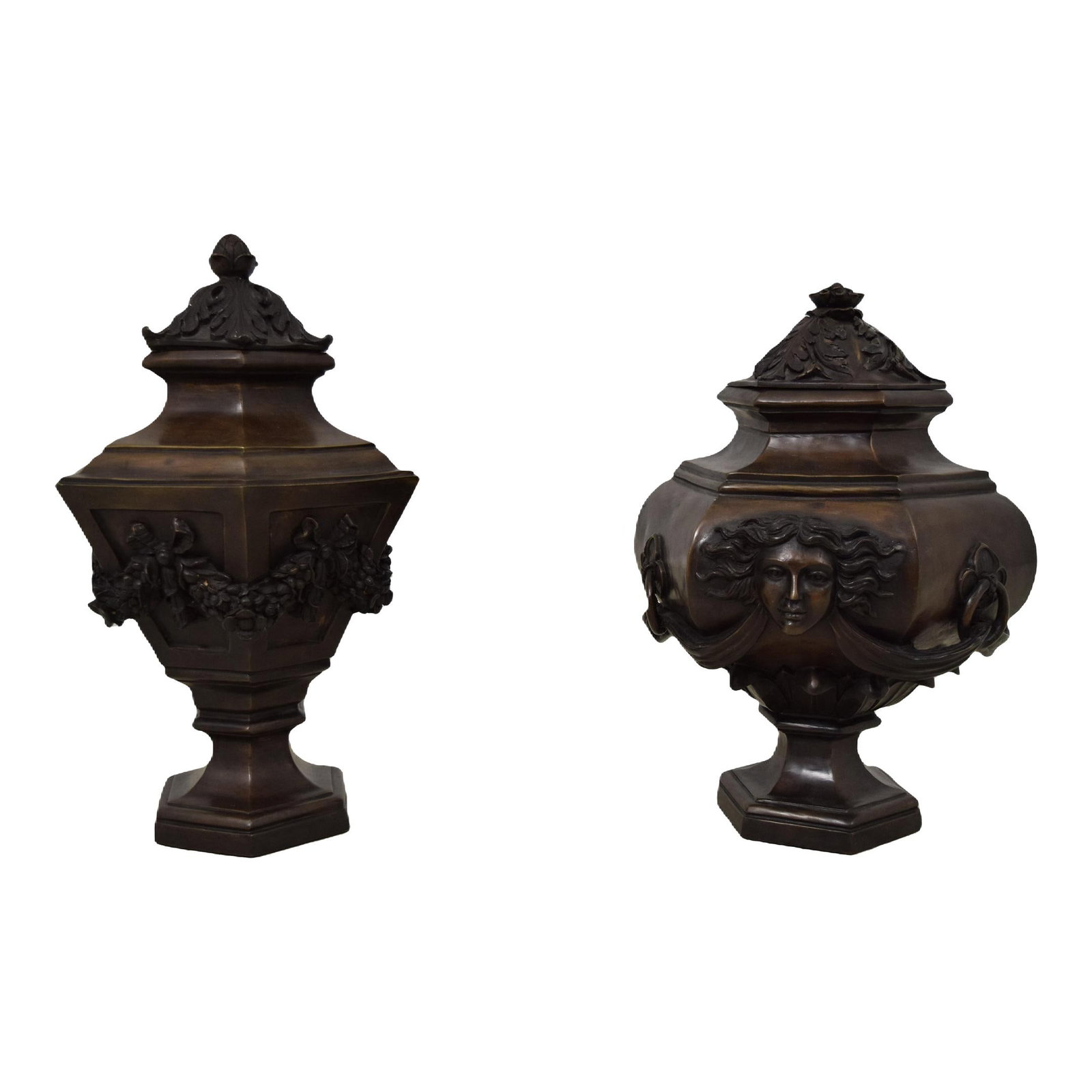 Pair of Bronze Classical Style Lidded Vases Heavy Construction: Pair of Bronze Classical Style Lidded Vases Heavy Construction This exquisite pair of classical-style lidded vases showcases high-quality construction, made from heavy solid bronze. Each vase is uniqu