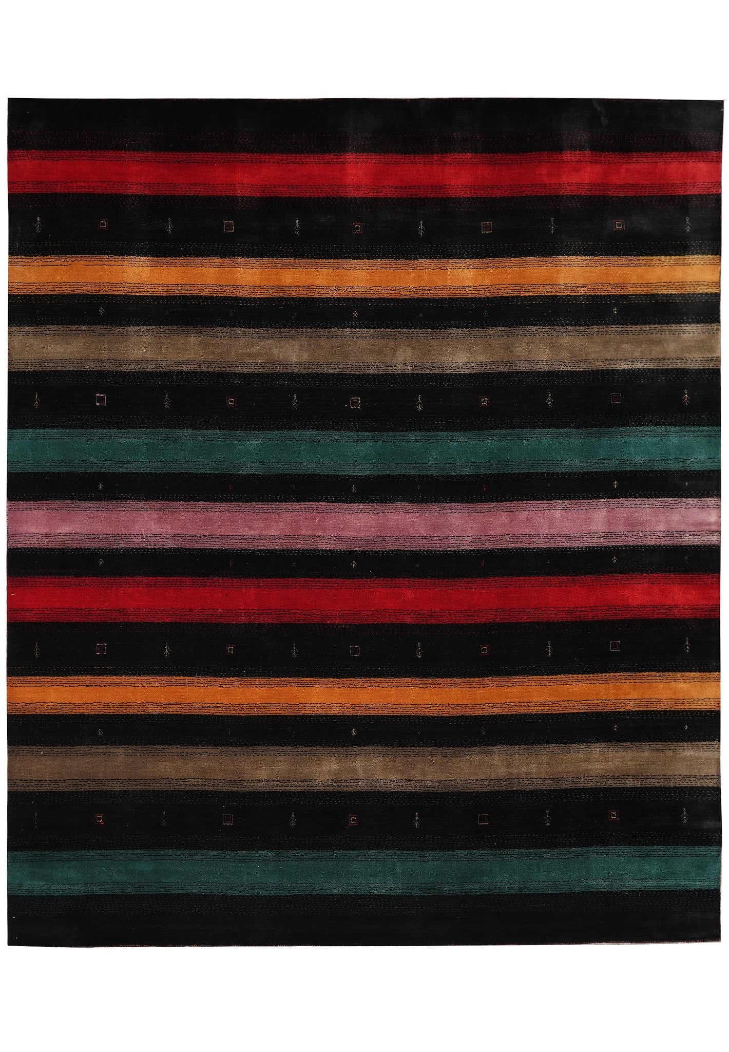 8.3 x 10 Handmade Persian Gabbeh Style Wool Rug Black: 8.3 x 10 Handmade Persian Gabbeh Style Wool Rug Black Free continental US Shipping This is a new handmade Gabbeh wool rug in black, featuring authentic Persian Gabbeh style and hand-knotted constructi