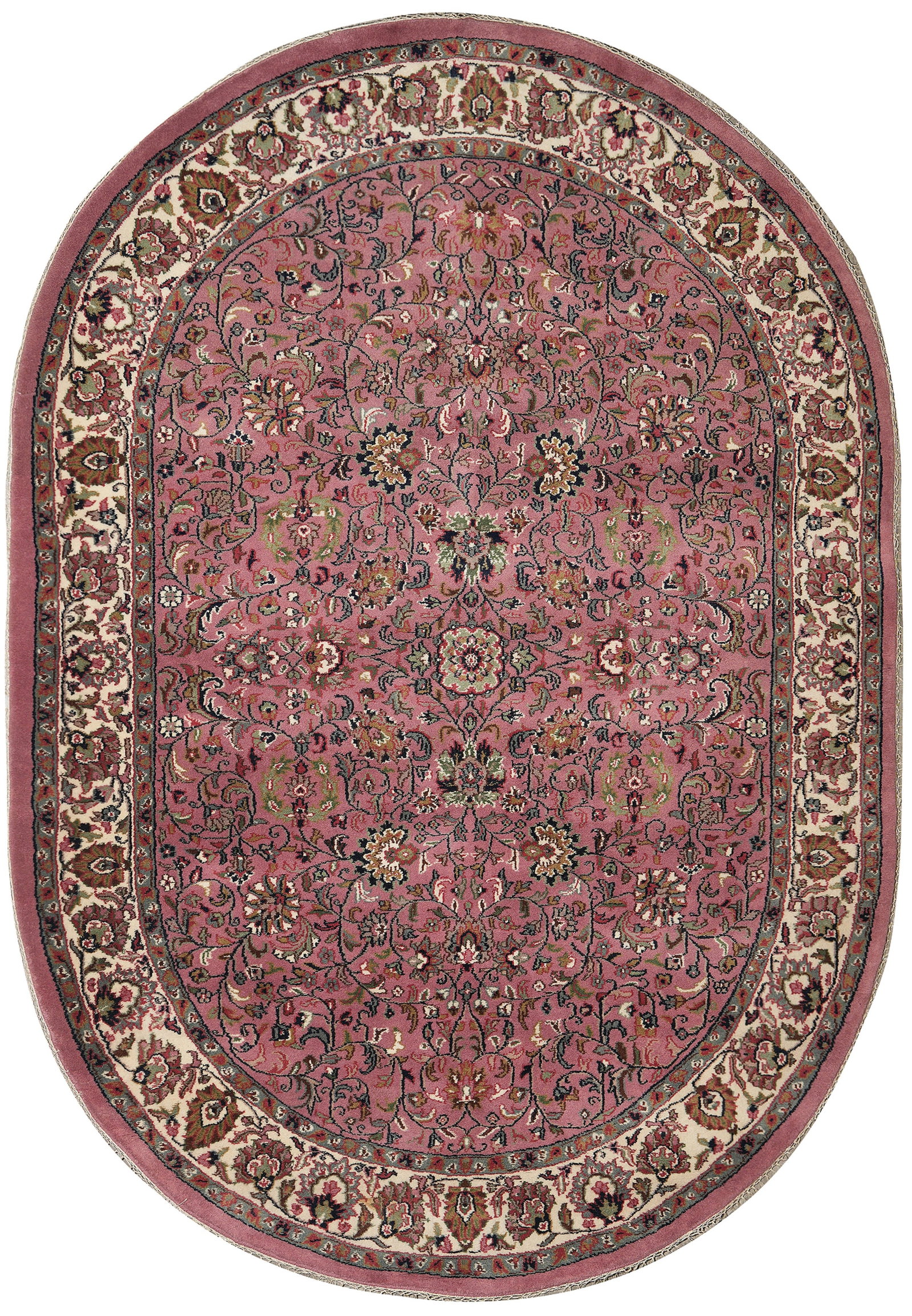 5.7 x 7.10 Oval Hand Knotted Wool Kashan Rug Pink India: 5.7 x 7.10 Oval Hand Knotted Wool Kashan Rug Pink India Free continental US Shipping This handmade oval area rug features a blush pink color with an intricate floral medallion and ivory border, offeri