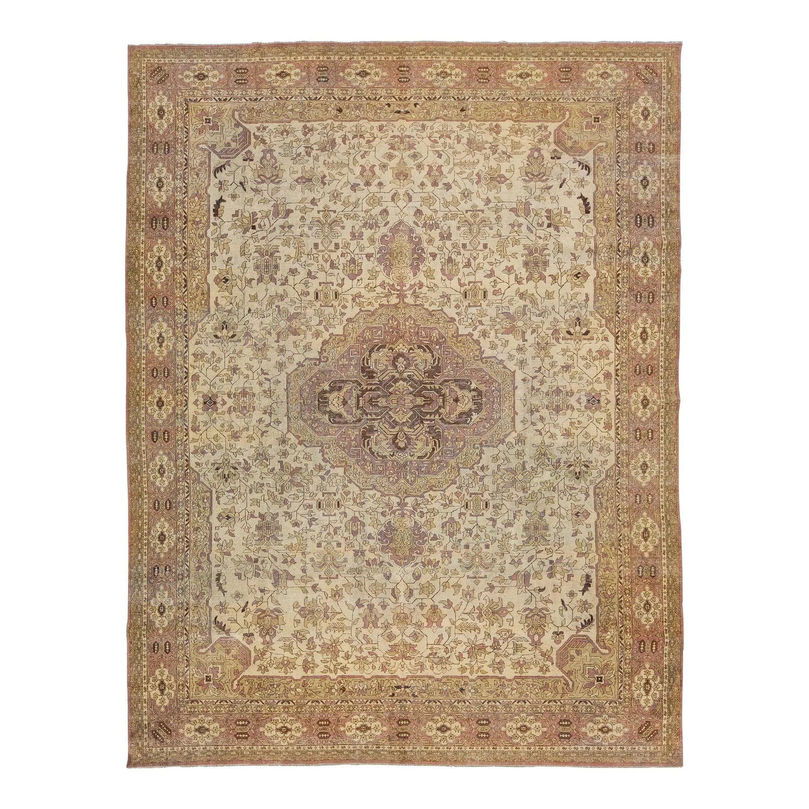 1910s Antique Indian Wool Agra Rug Beige Floral Medallion 8'7 x 11'3 (1 of 9)