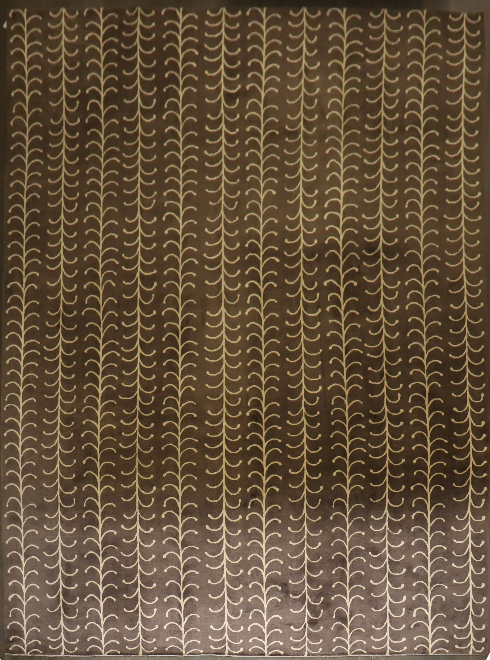 12' x 17' 8" Oversize Tibetan Rug Brown Cream Vine Design: 12' x 17' 8" Oversize Tibetan Rug Brown Cream Vine Design One-of-a-kind 21st-century Tibetan oversize rug featuring a brown and cream palette with a modern stylized vine, fern, or wheat-sheaf motif. T