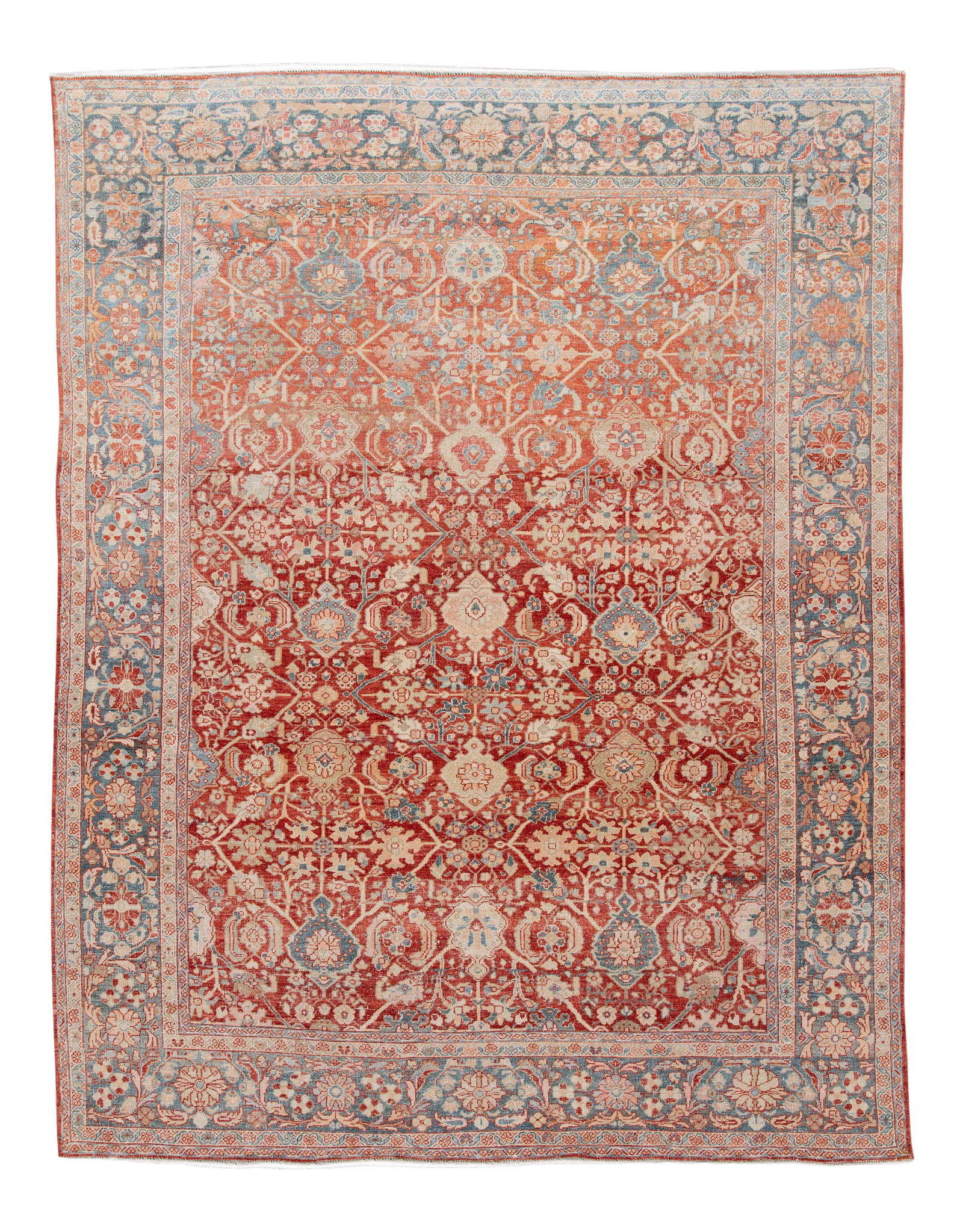 Vintage Mahal Hand-Knotted Wool Rug 9'2 x 11'9 Red Floral Design: Vintage Mahal Hand-Knotted Wool Rug 9'2 x 11'9 Red Floral Design Discover the charm of this Vintage Mahal handmade wool rug, featuring a vibrant red field adorned with exquisite blue, beige, and peach