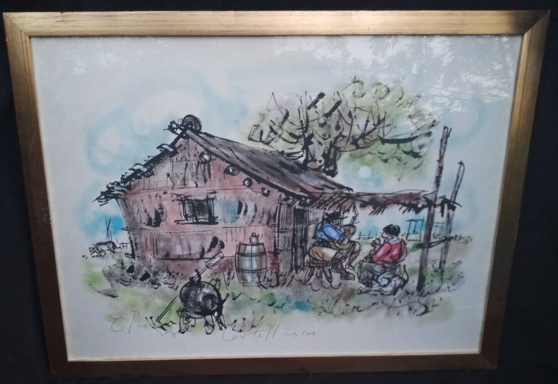 Framed Gaucho Cowboy Painting by Elena Castellanos Argentina 21 by 27.5: Framed Gaucho Cowboy Painting by Elena Castellanos Argentina 21 by 27.5 Vintage framed gaucho artwork by Elena Castellanos depicting a rural scene with a musician and listener. Created in Argentina du