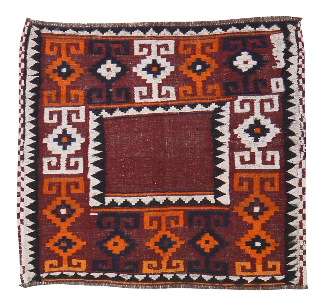 Afghan Tribal Wool Kilim Rug with Geometric Pattern 3'8" x 4'1": Afghan Tribal Wool Kilim Rug with Geometric Pattern 3'8" x 4'1" This vintage Afghan tribal kilim features a hand-woven, fine weave construction with natural colors and a geometric pattern. Crafted fro