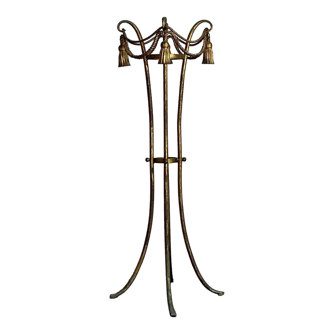Vintage Regency Gold Metal Plant Stand with Tassels and Swags: Vintage Regency Gold Metal Plant Stand with Tassels and Swags Transform your indoor or outdoor space with this exquisite Vintage Regency Tassel and Swag Plant Stand. This enchanting piece showcases a 