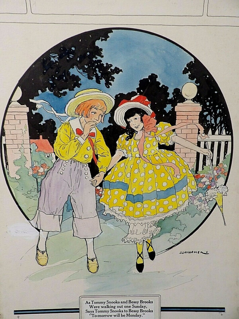 Joseph L Kraemer Tommy Snooks nursery rhyme illustration painting 27 in: Joseph L Kraemer Tommy Snooks nursery rhyme illustration painting 27 in Original watercolor illustration painting by Joseph L. Kraemer depicting the nursery rhyme subject Tommy Snooks and Betsy Brooks