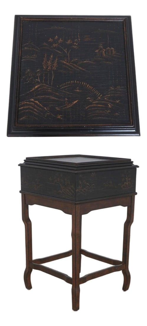 Black Crackle Wood Ethan Allen Chinoiserie Flip Top Box: Black Crackle Wood Ethan Allen Chinoiserie Flip Top Box This Ethan Allen flip top box features a striking black crackle finish with elegant chinoiserie decoration. The interior is felt lined, adding a