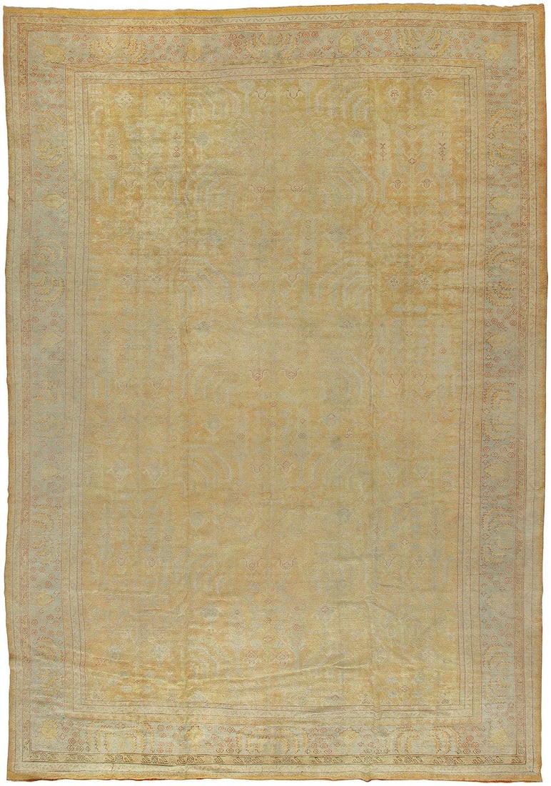 12' x 17' 2" Antique Turkish Oushak Rug Willow Tree Design: 12' x 17' 2" Antique Turkish Oushak Rug Willow Tree Design Early 20th century antique Turkish Oushak rug featuring a willow tree design throughout and an easy-going soft yellow palette. This oversize 