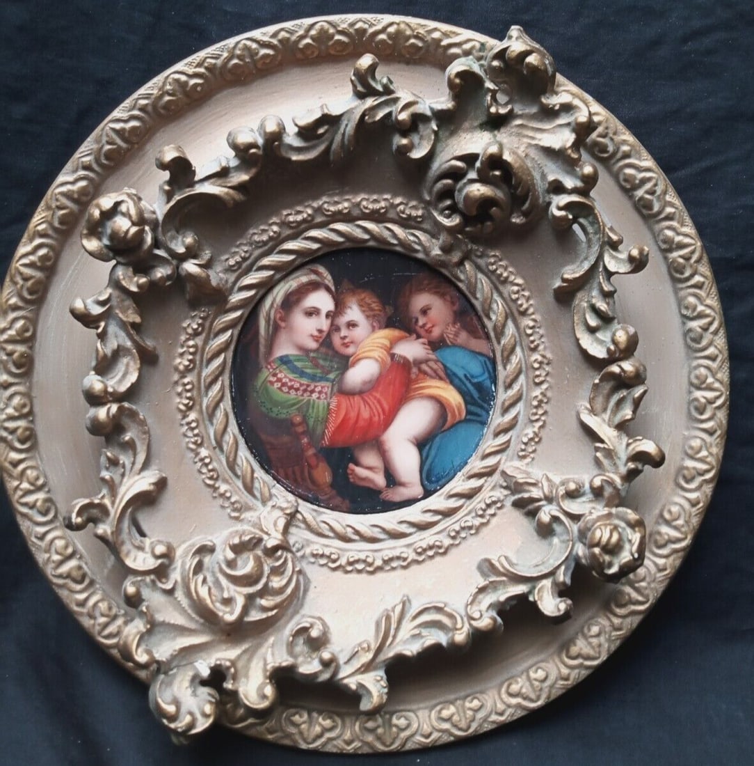 Framed hand painted porcelain plaque Madonna Della Sedia after Raphael Germany: Framed hand painted porcelain plaque Madonna Della Sedia after Raphael Germany Antique late 19th century hand-painted porcelain plaque depicting Madonna Della Sedia after Raphael. This German-made rel
