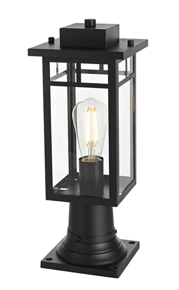 Mercer black iron glass outdoor wall light 17.5 inch: Mercer black iron glass outdoor wall light 17.5 inch This outdoor pole light fixture features a traditional design with a black iron finish and clear glass shade. Measuring 17.5 inches in height and 6
