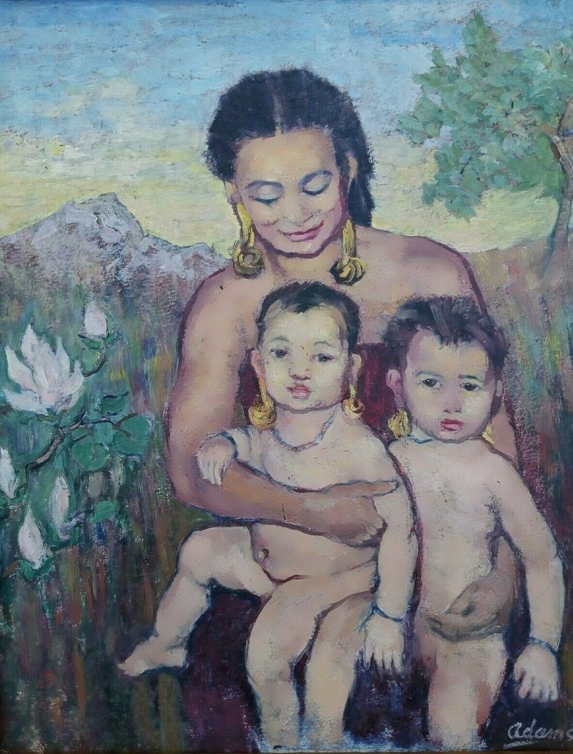 Wayman Elbridge Adams Kayan Mother With Twins Portrait Painting 14 by 17 inches (1 of 8)