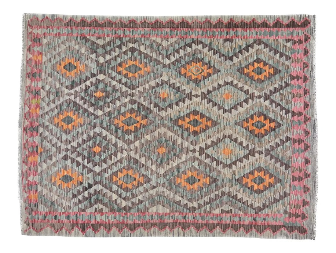 Afghan Maimana Wool Kilim Rug With Geometric Design 4'9" x 6'4": Afghan Maimana Wool Kilim Rug With Geometric Design 4'9" x 6'4" This vintage Afghan Maimana kilim features a handwoven geometric pattern crafted from organic wool and natural colors. The rug is charac