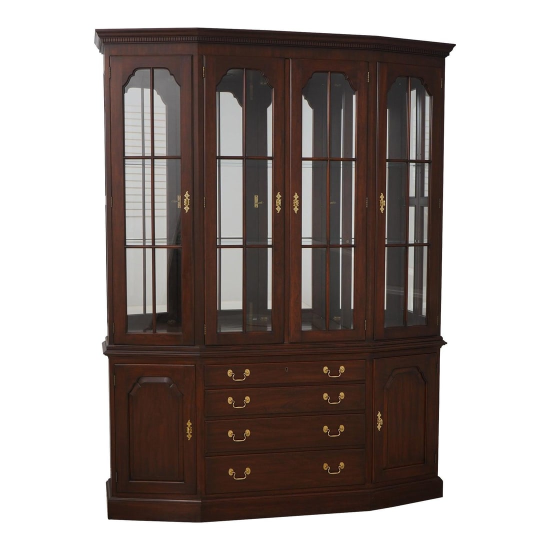 Henkel Harris Cherry Lighted China Cabinet 2 Piece Adjustable Shelves: Henkel Harris Cherry Lighted China Cabinet 2 Piece Adjustable Shelves This Henkel Harris Cherry Lighted China Cabinet is a stunning piece crafted around 1995, featuring a rich cherry finish (Finish no