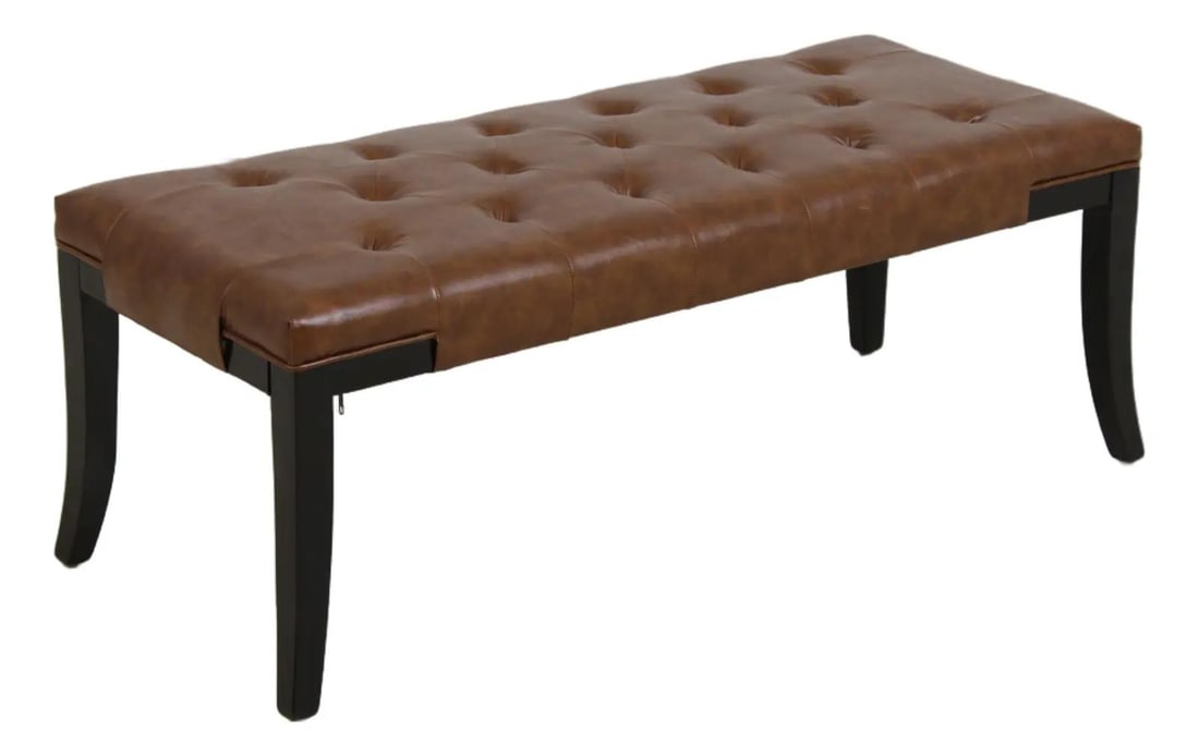 46w x 19d x 17.5h leather window bench by Safavieh: 46w x 19d x 17.5h leather window bench by Safavieh Tufted Regency-style window bench by Safavieh with brown leather upholstery and ebonized legs. This pre-owned piece is approximately 20 years old and
