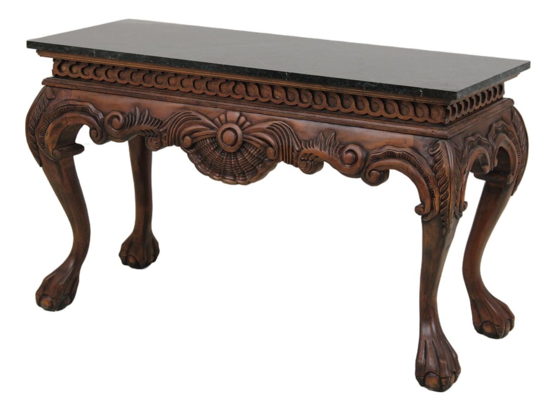 Mahogany Console Table with Green Marble Top Queen Anne Legs (1 of 10)