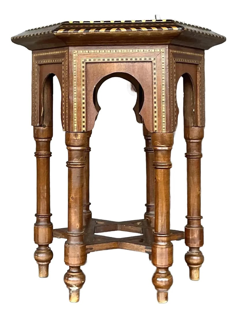 Exotic Vintage Boho Inlay Drinks Table with Mother-of-Pearl: Exotic Vintage Boho Inlay Drinks Table with Mother-of-Pearl Elevate your living space with this Vintage Boho Inlay Drinks Table, a stunning piece that exudes exotic charm. The tabletop showcases intri