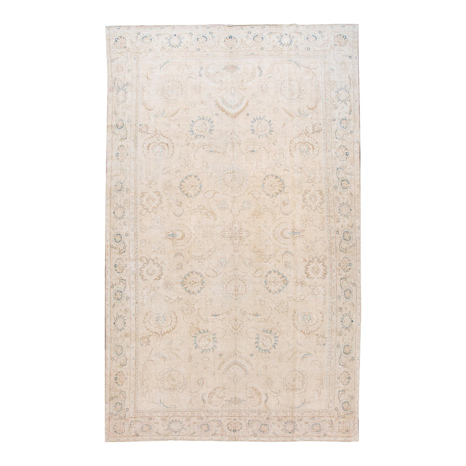 Antique Beige Persian Tabriz Wool Rug 10'2 x 17' Shah Abbasi Design: Antique Beige Persian Tabriz Wool Rug 10'2 x 17' Shah Abbasi Design Experience the elegance of this beautiful antique Tabriz hand-knotted wool rug, featuring a stunning beige color field enriched with