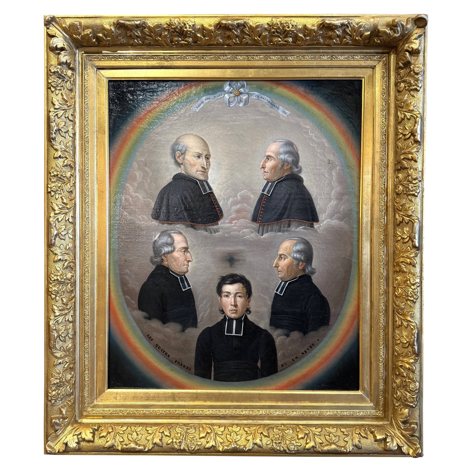 19th Century French Oil Painting Family Priest Portraits in Gilt Frame: 19th Century French Oil Painting Family Priest Portraits in Gilt Frame This exquisite 19th Century French oil painting on canvas features an elegant portrayal of a family of priests, titled "Les Quatr