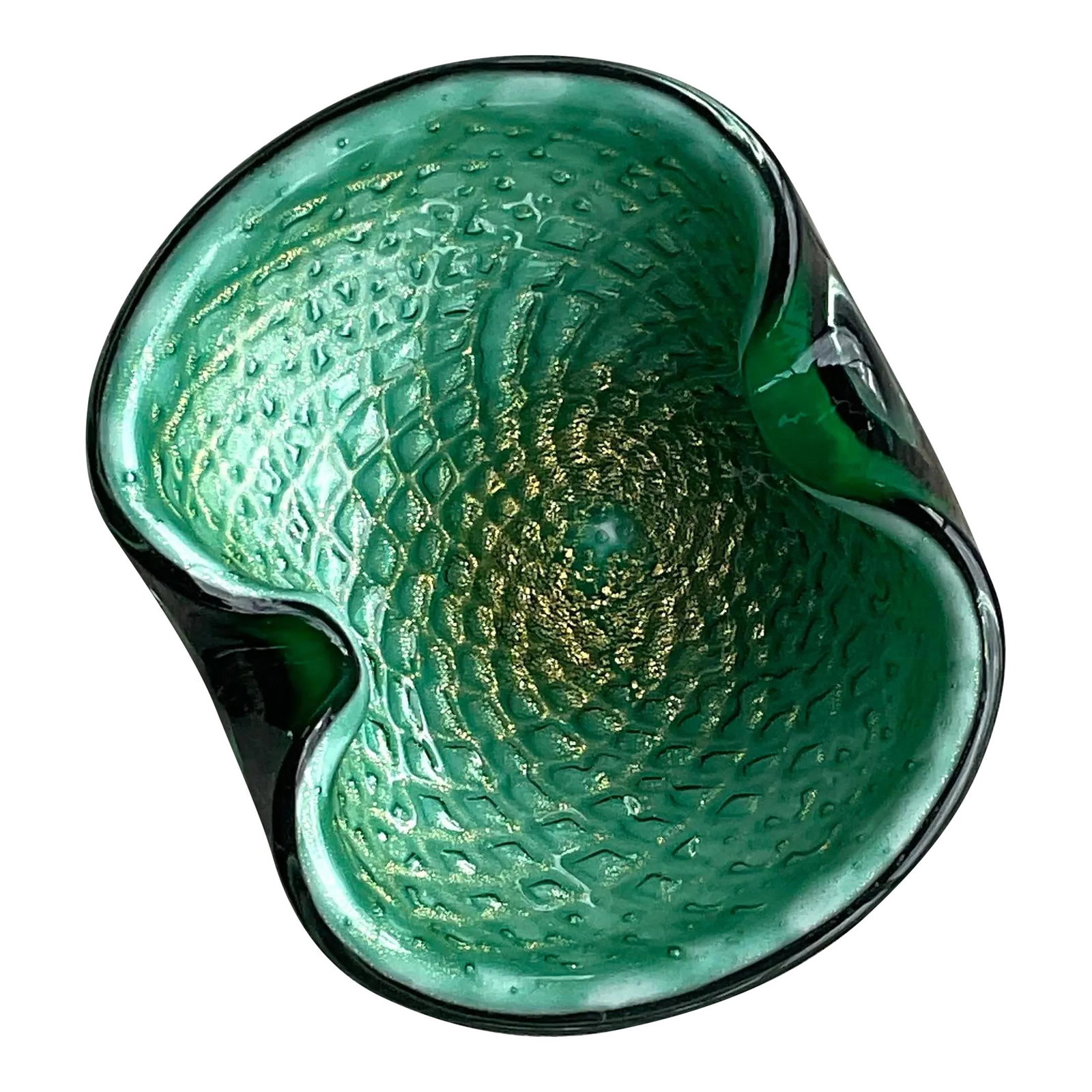 Vintage Italian Bullicante Art Glass Bowl Dark Green Murano Style: Vintage Italian Bullicante Art Glass Bowl Dark Green Murano Style This stunning vintage Italian Bullicante art glass bowl showcases a beautiful dark green hue and features an intricate patterned desig