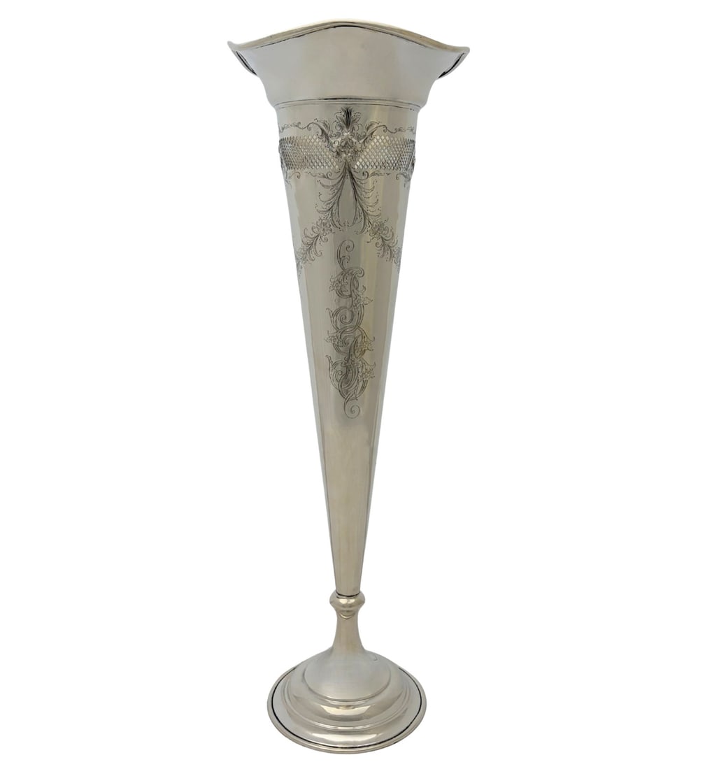 Bailey Banks Biddle Sterling Trumpet Vase Floral Monogram 22.25 Inch (1 of 2)