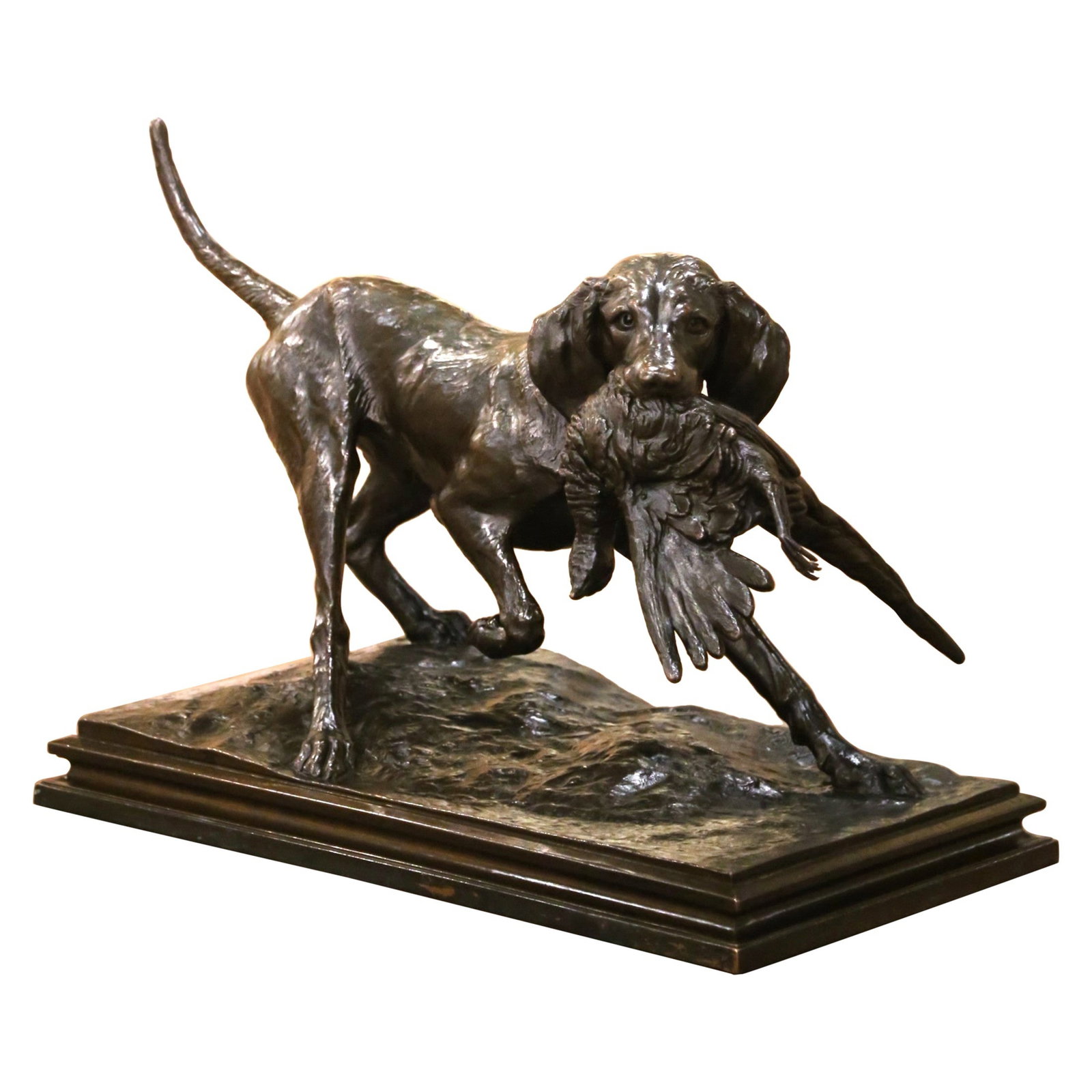 German Hunting Dog with Pheasant Brass Plaster Sculpture attributed Emil Wunsche (1 of 14)
