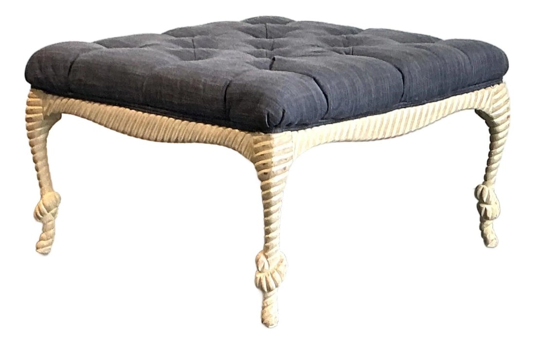 Square tufted linen ottoman with carved rope wood frame: Square tufted linen ottoman with carved rope wood frame This vintage square ottoman features a carved wooden frame designed to resemble mariner's rope, complete with detailed knot accents at the base 
