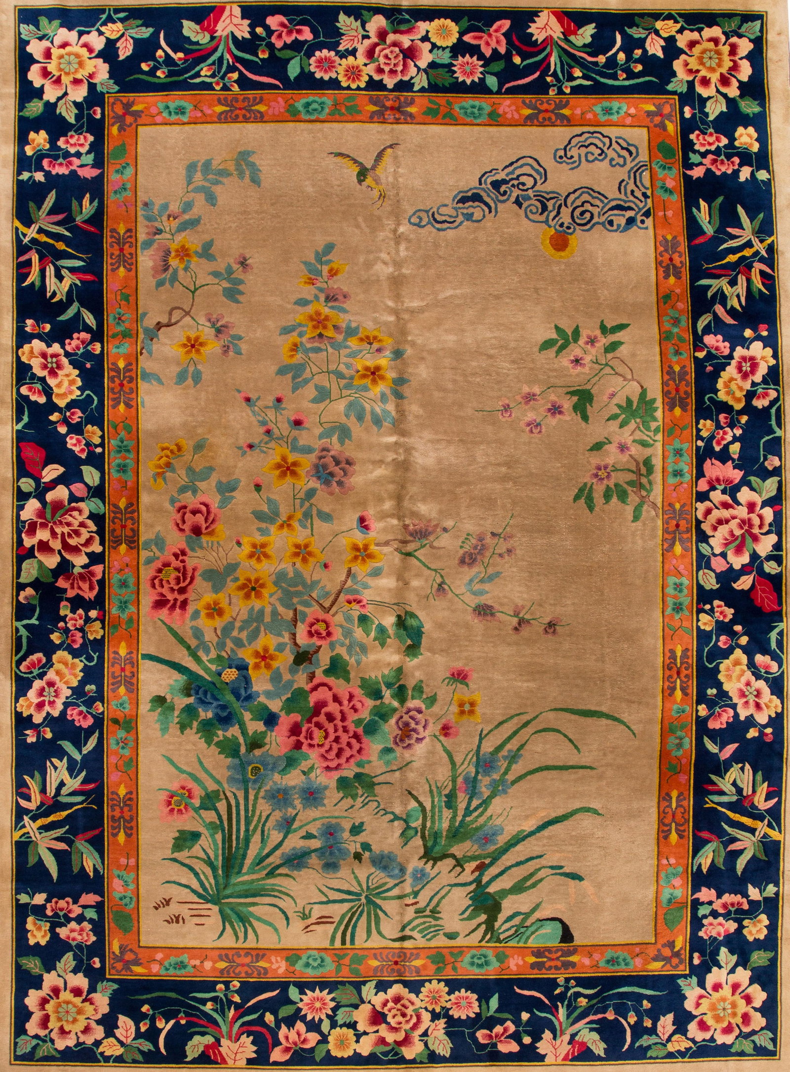 Antique Chinese Nichols Wool Rug 10' x 13'9' Floral Design: Antique Chinese Nichols Wool Rug 10' x 13'9' Floral Design Discover the beauty of this Antique Chinese Nichols hand-knotted wool rug, featuring a rich beige field and a striking navy-blue frame. The r