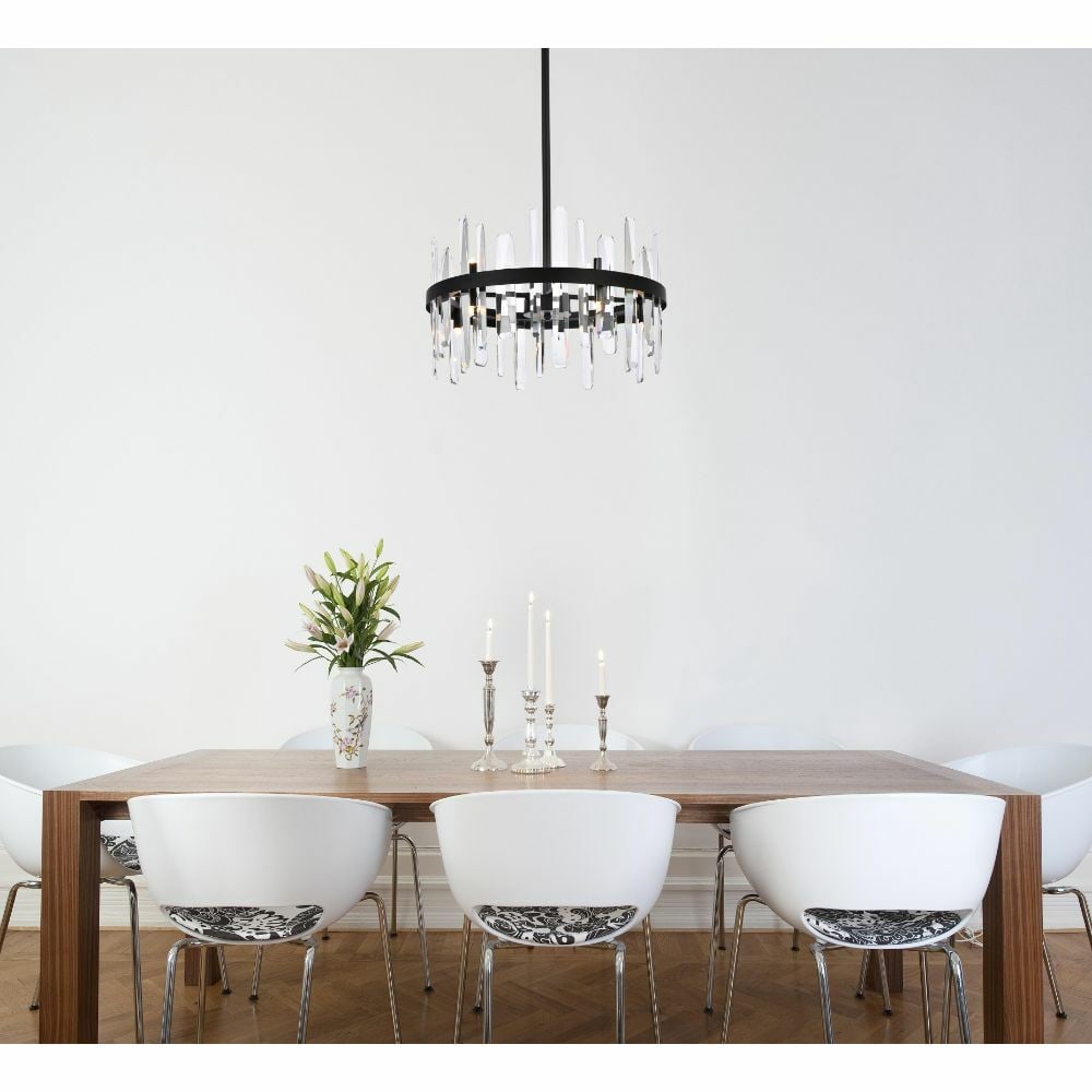 Serena 10-Light Black Crystal Chandelier 20 Inch: Serena 10-Light Black Crystal Chandelier 20 Inch This modern black chandelier features a sleek design with high-quality crystal elements, making it an elegant lighting solution for contemporary interi