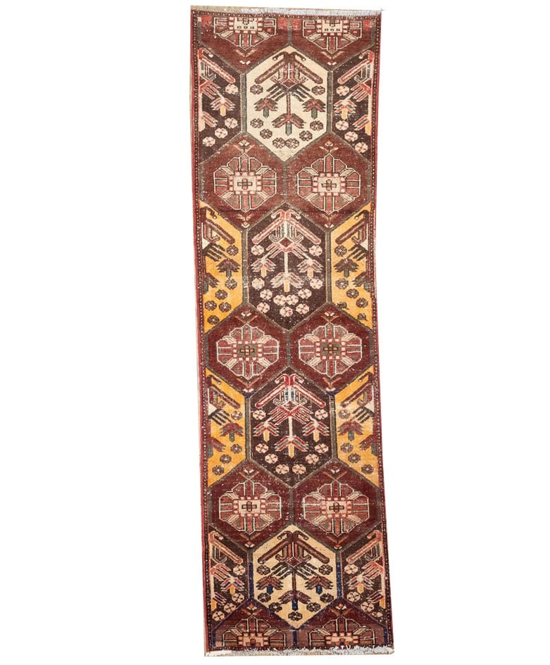 Hand Knotted Wool Vintage Tribal Runner Rug 2'8 x 9'5: Hand Knotted Wool Vintage Tribal Runner Rug 2'8 x 9'5 This semi-antique handmade geometric Oriental runner rug features a unique tribal design with muted tones of maroon, red, cream, brown, and peach.